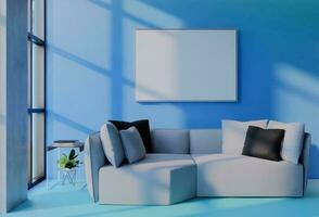 Frame photo mockup with sky blue wall background. 3D Render Illustration