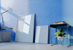 Frame photo mockup with sky blue wall background. 3D Render Illustration
