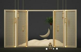 linterna, luna, desierto, y pared modelo con podio. 3d representación de moderno islámico tema pancartas antecedentes diseño modelo. 3d ilustración foto
