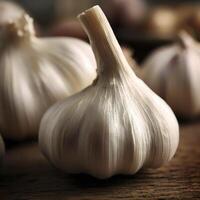 fresh garlic on wooden table photo
