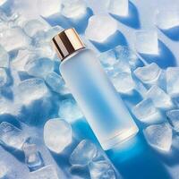 Skincare cosmetic bottle with golden cap on blue ice background, generative ai photo