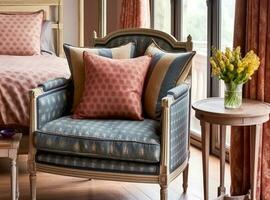 Home decor and interior design, furniture and interior decoration accessories, soft furnishings, upholstery and textiles in English country house and elegant cottage style, generative ai photo