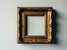 Empty antique wooden square frame for wall art mockup, generative ai photo