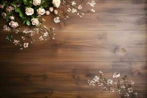 Antique wooden country table with flowers and floral design, wood texture and rustic flatlay background photo