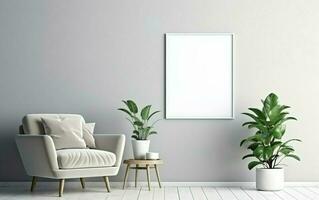 Empty frame on the Gray wall with copy space in the living room with a white retro armchair, green plants on the floor side, coffee table. photo