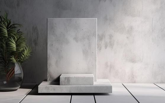 3d rendering empty mockup scene of concrete texture rectangle podium for product template. Vase with tropic leaves. Gray wall and floor photo