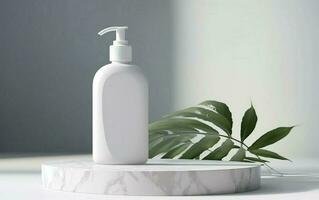 3d mockup of a bottle of body lotion on a white marble podium, product display podium scene with tropical leaf, light gray and white background photo