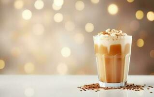 tall cup of latte with whipped cream, blurred, sparkling and fabulous background with beautiful bokeh, light orange gold, festive atmosphere, on the marble table photo