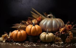 Autumn still life with pumpkins, dry flowers and wheat on blurred dark blue background. Wooden table. Halloween concept. Happy Thanksgiving. photo