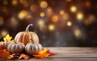 Thanksgiving day with pumpkins and maple leaves on dark bokeh lights background. Autumn composition with copy space. Wooden table. Halloween concept. Festive atmosphere. photo