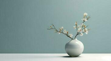 White ceramic vase with blooming flowers branches in sunlight from window on pastel blue wall, shadow on white floor for decoration, luxury cosmetic, skincare, beauty product background photo