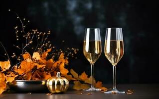 2 glasses of champagne with decorative golden pumpkin on the table. Dry leaves and branches autumn composition. dark blurred background photo