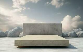 Empty mockup scene of rectangle podium for product template, sky and clouds background, gray stones, 3d rendering photo