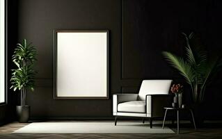 Empty frame on the black wall with copy space in the modern and chic living room with a white retro armchair, green plants on the floor side, coffee table. Sunlight from the window photo