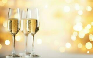 Glasses of champagne on table on the gold festive bokeh background. Many glass of white sparkling  wine. Buffet. Celebration of birthday, baptism, wedding or corporate party. Copy space photo