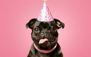 French Bulldog in Party Hat over pink background, bithday banner, Funny Dog Pet Celebrating photo