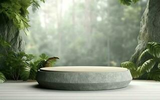 3d rendering empty product display podium scene with cylinder stand concept. Green forest with rocks background, Sunlight, for beauty skincare technology products display photo