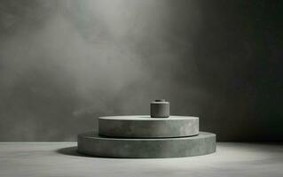 3d rendering empty mockup scene of concrete texture rectangle podium set for product template, dark gray wall with daylight and shadow photo