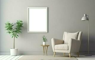 Empty frame on the light gray wall with copy space in the living room with a beige retro armchair, green plants on the floor side, coffee table. photo