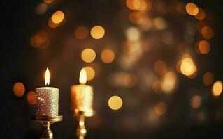 Romantic golden candle in vintage candlestick over warm-toned blurred sparkling bokeh background. Christmas lights photo