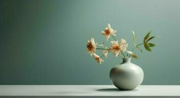 White ceramic vase with blooming flowers branches in sunlight from window on pastel emerald gray wall, shadow on white floor for decoration, luxury cosmetic, skincare, beauty product photo