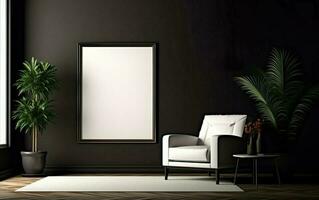 Empty frame on the black wall with copy space in the modern and chic living room with a white retro armchair, green plants on the floor side, coffee table. Sunlight from the window photo