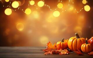 Thanksgiving day with pumpkins, garlands and maple leaves on dark bokeh lights orange background. Autumn composition with copy space. Wooden table. Halloween concept. Festive atmosphere. photo