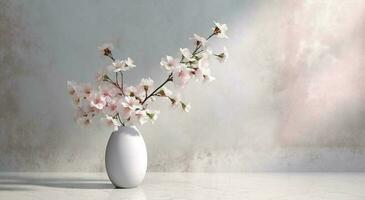 White ceramic vase with blooming flowers branches in sunlight from window on pastel pink and gray wall, shadow on white floor for decoration, luxury cosmetic, skincare, beauty product photo