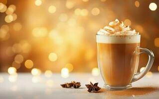 cup of coffee latte with whipped cream on, blurred sparkling gold background with beautiful bokeh, festive atmosphere,  star anise and cinnamon powder on the marble table photo