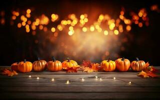 Thanksgiving day banner with pumpkins, garlands and maple leaves on dark bokeh lights brown background. Autumn composition with copy space. Wooden table. Halloween concept. Festive atmosphere. photo