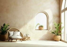 Mediterranean black mockup wall with large arched  window, Santorini Interior of modern living room with rattan armchair, indoor plants in vases photo