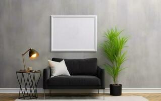 Living room with mockup frame on the gray wall, decorated with black sofa, green plant in a vase and Table lamp on the coffee table. Minimalist design scene photo