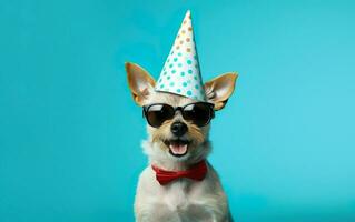 gracioso mascota celebrando, linda perro en fiesta sombrero, rojo arco Corbata y Gafas de sol terminado azul fondo, cumpleaños bandera foto