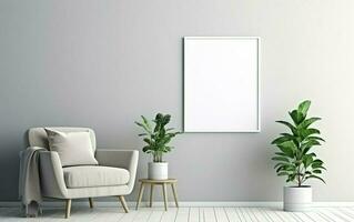 Empty frame on the Gray wall with copy space in the living room with a white armchair decorated with rug, green indoor plants in vases on the floor side photo