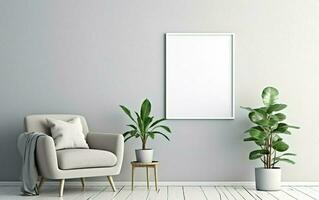 Empty frame on the Gray wall with copy space in the living room with a white retro armchair, green plants on the floor side, coffee table. photo