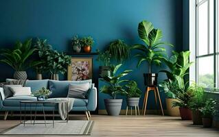 Living room interior with potted plants, blue wall and blue couch. Indoor potted plants decoration. photo