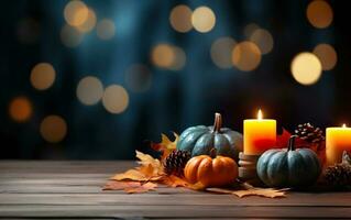 Autumn pumpkin with candles, maple leaves and pine cones on dark bokeh lights blue background with copy space. Wooden table. Halloween concept. Happy Thanksgiving. photo
