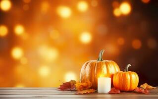 Autumn pumpkin with candles, maple leaves on blurred bokeh lights orange background with copy space. Wooden table. Halloween concept. Happy Thanksgiving. photo