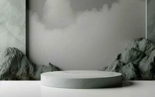 3d background product display podium scene with white cylinder stand concept. Empty space for beauty skincare technology products display, Gray Mountains background photo