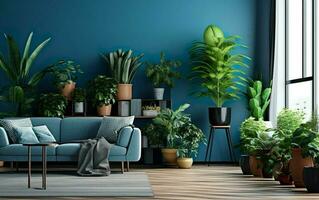 Living room interior with potted plants, blue wall and blue couch. Indoor potted plants decoration. photo