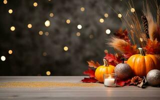 Autumn pumpkin with candles, maple leaves, dry flowers on dark bokeh lights brown background with copy space. Wooden table with glitter. Halloween concept. Happy Thanksgiving. photo