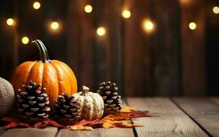 Autumn Still Life composition with pumpkins, maple leaves and pine cone on dark bokeh lights background with copy space. Wooden table. Halloween concept. Happy Thanksgiving. photo