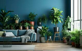 vivo habitación interior con en conserva plantas, azul pared y azul sofá. interior en conserva plantas decoración. foto