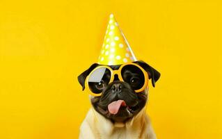 gracioso mascota celebrando, linda perro en fiesta sombrero y Gafas de sol terminado amarillo antecedentes. francés buldog foto