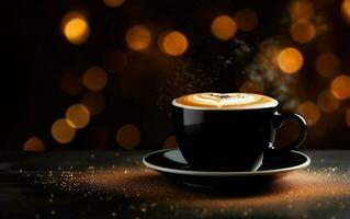 black cup of cappuccino with whipped cream on a plate, blurred sparkling dark background with beautiful bokeh, cinnamon powder and glitter on the dark table photo