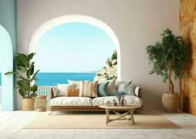 Luxury apartment or hotel terrace Santorini Interior of modern living room couch with beautiful sea view, arched windows, green indoor plants in vase photo