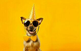 linda perro en fiesta sombrero, arco Corbata y Gafas de sol terminado brillante amarillo antecedentes. gracioso mascota celebracion foto