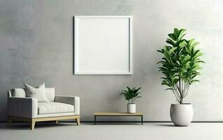 Empty frame on the Gray wall with copy space in the living room with a white armchair, green plants on the floor side, coffee table. photo