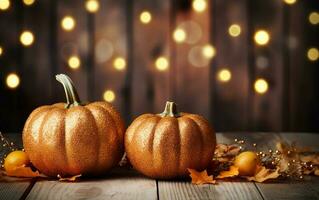 Autumn festival decor composition with golden pumpkins and yellow maple leaves on dark bokeh lights blurred wooden background with copy space. Halloween concept. Cozy home. photo