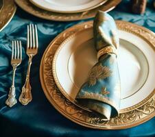 Elegant dinner table setting arrangement in English country style as flatlay tablescape, folded napkin on a serving plate, tableware and holiday table decor, generative ai photo